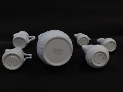 Six Portmeirion Heritage Collection parian relief moulded jugs, printed and raised marks, 9-, 22cm high. - 2