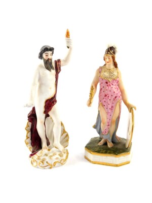 A Samson Derby late 19thC porcelain figure of Minerva, modelled standing wearing a helmet, with a shield in her left hand, raised on an octagonal base, painted mark, 15.5cm high, together with a German porcelain figure 19thC, of Neptune, modelled emerging