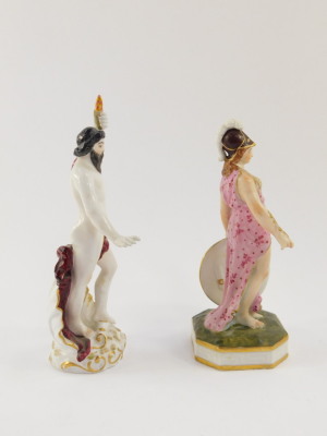 A Samson Derby late 19thC porcelain figure of Minerva, modelled standing wearing a helmet, with a shield in her left hand, raised on an octagonal base, painted mark, 15.5cm high, together with a German porcelain figure 19thC, of Neptune, modelled emerging - 2