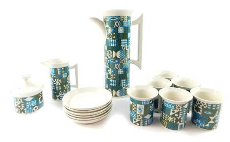 A Portmeirion pottery part coffee service, decorated in the Tivoli pattern, designed by Susan Williams-Ellis, comprising coffee pot, cream jug, sugar bowl, six cups, and saucers.