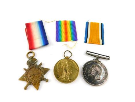 Three Great War medals, named to private Percy Judd, first Bn. Wiltshire Regiment, service no. 10574, comprising 1914/15 star, Great War and Victory medals. Private Percy Judd was killed in action on 16th June 1915, aged 20, remembered with honour on the