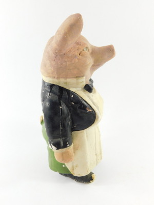 A Herberts of Smithfield plaster butcher's advertising pig, early 20thC, modelled standing in clothed attire, raised on a rectangular base, impressed to back, 58cm high, together with a smaller advertising pig, similarly modelled and attired, 33.5cm high. - 3