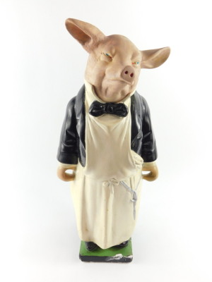 A Herberts of Smithfield plaster butcher's advertising pig, early 20thC, modelled standing in clothed attire, raised on a rectangular base, impressed to back, 58cm high, together with a smaller advertising pig, similarly modelled and attired, 33.5cm high. - 6