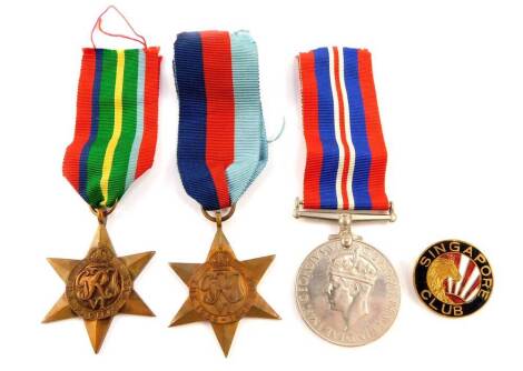 A WWII Medal group, comprising War Medal 1939-45, The 1939-45 Star and The Pacific Star, together with a Singapore Club enamelled badge, in an OHMS box.