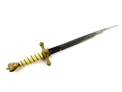 A Third Reich Kriegsmarine dagger, with gilt wire bound ivory grip, topped by a Swastika pommel, and etched steel blade, by Eickhorn, Solingen, 38cm wide. (AF)