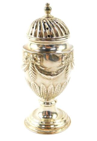 A Victorian loaded silver sugar caster, embossed with ribbon tied swags and acanthus leaves, Walker and Hall, Sheffield 1894, 5.57oz all in.