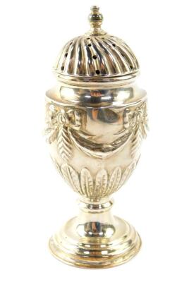 A Victorian loaded silver sugar caster, embossed with ribbon tied swags and acanthus leaves, Walker and Hall, Sheffield 1894, 5.57oz all in.