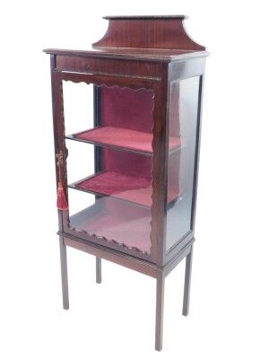 A late Victorian mahogany display cabinet, with glazed sides and frontal door opening to reveal two shelves, raised on square legs, 140cm high, 16.5cm wide, 32cm deep.