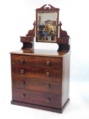 A Victorian mahogany chest, of four long graduated drawers raised on a plinth base with later upper dressing chest super structure with mirror, 145cm high, 95cm wide, 54cm deep.