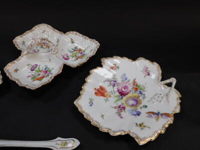 A pair of Grossbaum und Sohne late 19thC porcelain leaf shaped dishes, moulded with insects and painted with sprays of flowers, printed mark, a Dresden porcelain three division entree dish painted with flowers, painted mark, together with a porcelain spoo - 2