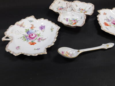 A pair of Grossbaum und Sohne late 19thC porcelain leaf shaped dishes, moulded with insects and painted with sprays of flowers, printed mark, a Dresden porcelain three division entree dish painted with flowers, painted mark, together with a porcelain spoo - 3