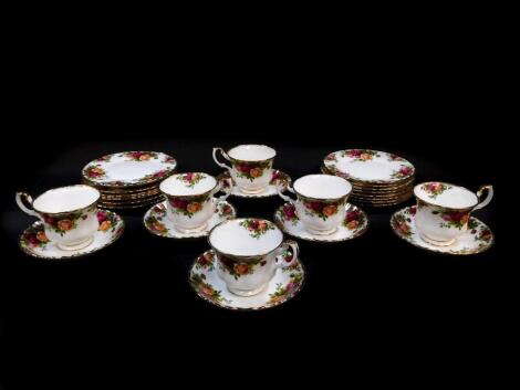 A Royal Albert porcelain part tea service, decorated in the Old Country Roses pattern, comprising six tea cups and saucers and sixteen tea plates.