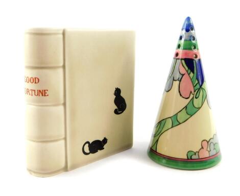 A Clarice Cliff style for Royal Staffordshire pottery sugar sifter, of conical form decorated with trees, printed mark, 13.5cm high, together with a "Good Fortune" book form vase, printed mark, 12cm high. (2) Auctioneer announce description amended 'styl