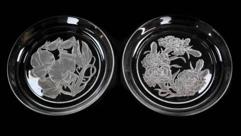 A pair of Japanese botanical glass plates by T Yamanoto for Hoya Crystal, intaglio etched with flowers, signed, 21cm diameter.