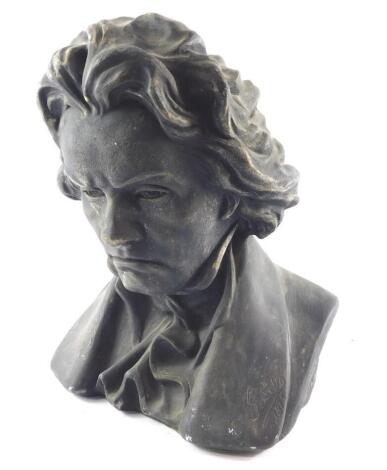 A black plaster bust of Ludwig Van Beethoven, bears signature for G Sello, dated 1915, 38cm high.