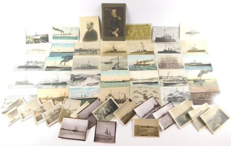 A group of naval and mercantile marine postcards and photo cards, including HMS Amphion, torpedo boat, catchers and destroyers, HMS Hercules, and the cruiser Maryland in dry dock Charlestown, Mass., together with naval photographs taken by a crew member o