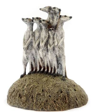 An Aus-ben Studios cold painted cast bronze figure group of meerkats, circa 1987, cold painted, bears label, 13cm high.