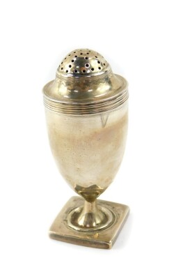 A George III silver sugar caster, of plain baluster form, raised on a square base, Peter Ann and William Bateman, London 14802, 1.86oz.