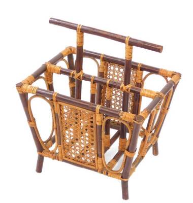 A bamboo and cane two division magazine rack, with carrying handle, 52cm high, 45cm wide, 35cm deep.