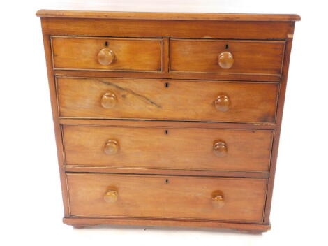 A Victorian mahogany chest, of two short over three long graduated drawers, raised on reduced feet, 98cm high, 93cm wide, 46cm deep.