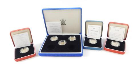 Six United Kingdom silver proof Piedfort one pound coins, with certificates, boxed., comprising 2000 - 2005.