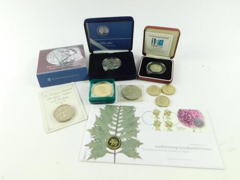 A Royal Mint silver proof Victorian anniversary crown 2001, cased and boxed, silver proof Piedfort fifty pence coin, 150 years of public libraries, cased, National Botanic Garden Of Wales £1 coin First Day Cover, Solomon Islands twenty five dollars 2005, 