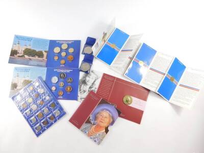 Two Royal Mint Heinz Coin Collections 1983, Queen Elizabeth The Queen Mother centenary crown 2000, three United Kingdom uncirculated £1 coins 1983, commemorative crowns and The Capn's coin collection.