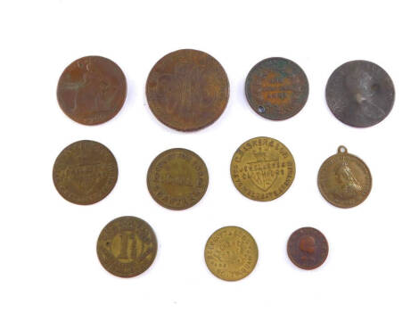 A George III and later trade tokens, comprising C Basker and Son Jewellers and Clothiers, Grantham., Beecroft and Sons Exchange Corner Nottingham., Turner Camac Chairman half penny 1792, S A Daniell Maker Lion Work Birmingham, B Cole, Junction Inn Grantha