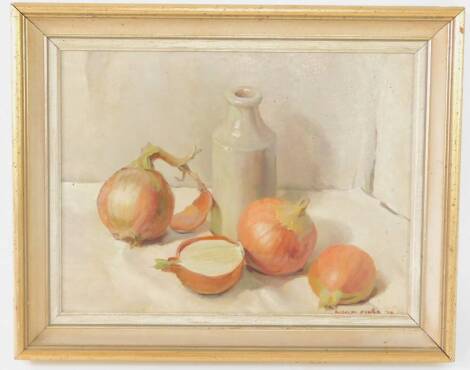 Audsley Power (British, 20thC). Onions and jar, oil on board, signed, dated '7*, titled verso, 28.5cm x 38.5cm.