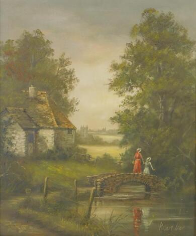 Robert Ixer (British, 20thC). Country landscape with figures on a bridge, oil on canvas, signed, 59.5cm x 49.5cm wide.