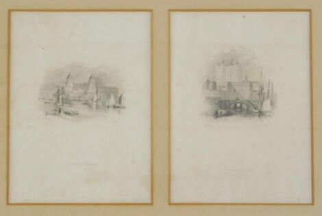 After Joseph Mallord William Turner RA (British, 1775-1851). Greenwich Hospital; Traitors Gate Tower Of London, pair of engravings by Goodall, framed as one, printed by Gad and Keningale, each 19cm x 14cm.