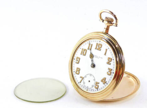 An Saxon Watch Co Swiss gentleman's gold plated pocket watch, open faced, keyless wind, enamel dial bearing Arabic numerals, subsidiary seconds dial, Swiss movement, retailed by Thos Russell & Son, Liverpool., 4.7cm diameter.