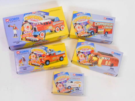 Five Corgi Classics Chipperfield's Circus vehicles, comprising a Scammell Constructor cannon and ringmaster, 17801., Bedford Pantechnicon Billy Smee Wardrobe, 97092., Land Rover public address and clowns, 07202., AEC Recall Regal living quarters, 97022., 