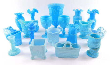 Sowerby and other late 19thC vitro-porcelain turquoise glass ware, including baskets, posy vases, jugs and goblets, some bearing crested marks and registration lozenges. (a quantity)