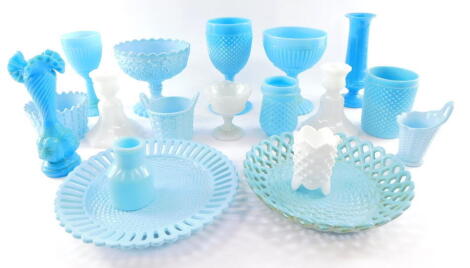 Sowerby and other late 19thC vitro-porcelain turquoise glass ware, including goblets, vases, plates, sweetmeat dish, and a basket. (a quantity)