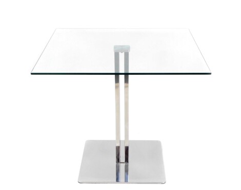 A contemporary glass topped occasional table, raised on four square stainless steel columns, above a square base, 72cm high, 85cm diameter.