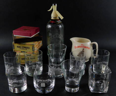 A Schweppes soda syphon, Wade Famous Grouse Scotch Whisky water jug, advertising whisky glasses including The Famous Grouse 100 Anniversary., Glenfiddich., Glenmorangie., etc., cigar boxes including King Edward Cigarillos, and six Connemara Bodhrams coas