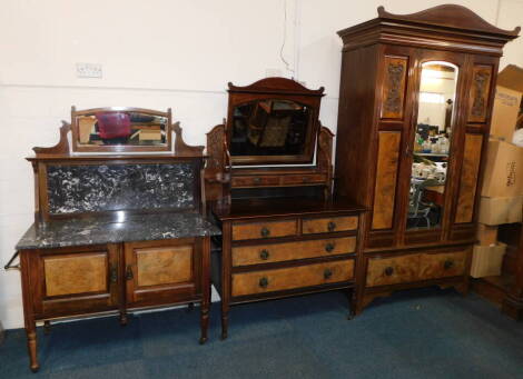 A Victorian mahogany and burr walnut bedroom suite, comprising a single wardrobe with curved pediment over a bevelled glass inset door, opening to reveal hanging rails and hooks, over a frieze drawer, raised on channelled square legs, 220cm high, 120cm wi