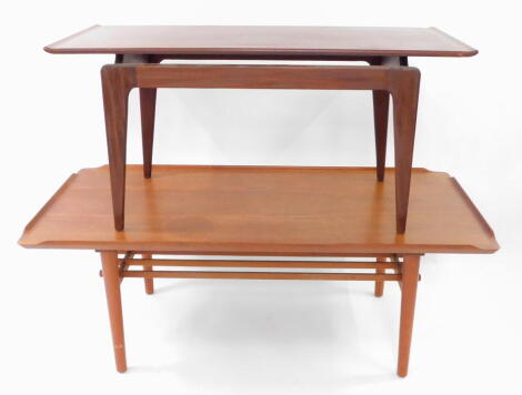 A Danish mid century vintage teak coffee table, the rectangular top raised on tapering legs, 48cm high, 100.5cm wide, 45cm deep., and a further teak table, made up, 45.5cm high, 122cm wide, 57.5cm deep. (2)