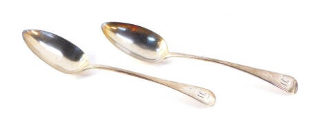 A George III silver table spoon, monogram engraved, No. 7, John Lias, London 1813, together with a William IV silver table spoon, monogram engraved, No. 6, Charles Boyton I, London 1831, 3.56oz.