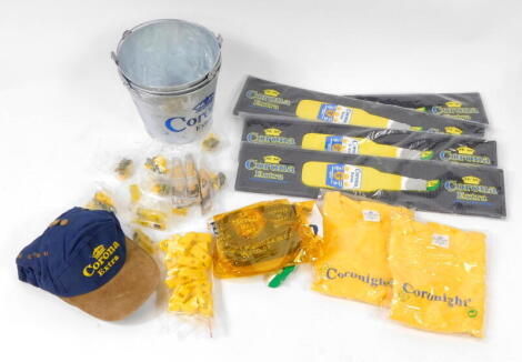 Corona promotional advertising material, including ice buckets, caps, t shirts, whistles, key fobs, bottle openers, blow up bottle and rubber bar mats.