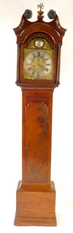 James Aickin of Corke. A George III Irish mahogany long case clock, the brass break arch dial with sea serpent and urn spandrels, silver chapter ring bearing Roman and Arabic numerals, subsidiary seconds dial and date aperture, eight day two train movemen