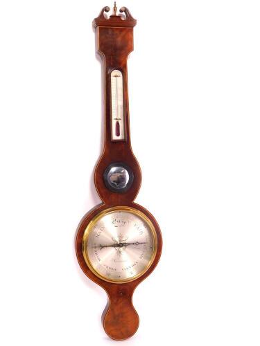 A 19thC mahogany wheel barometer by Bregazzi of Nottingham, with thermometer, 100cm high.