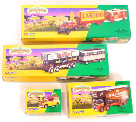 A Corgi Classics Showman's Range die cast Scammell Highwayman ballast, with closed pole trailer and caravan set, Carter's Steam Fair, 16501., together with a Leyland Dodgem truck and caravan set, Silcox of Warrington, 24801., Foden closed pole truck set, 