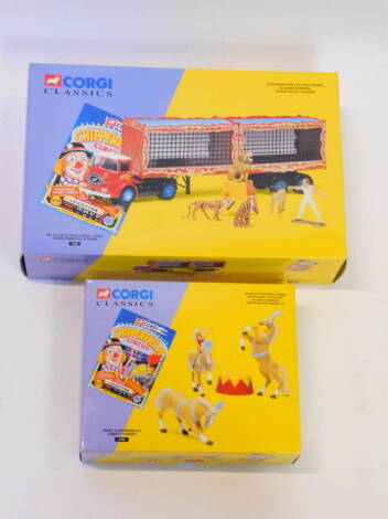 A Corgi Classics Chipperfield Circus ERF KV arctic, with cages, tigers, pedestal and tamer, 11201., together with a Mary Chipperfield's Liberty Horses, 311901, both boxed. (2)