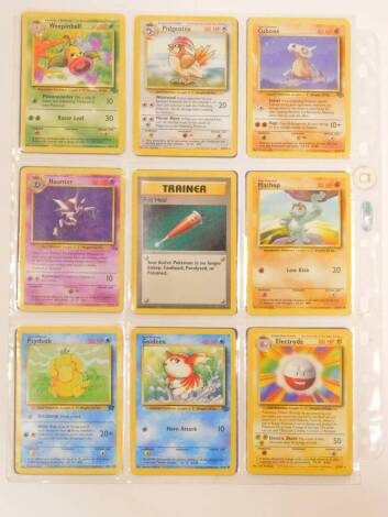 Pokemon cards, comprising Weepinbell., Pidgeotto., Cubone., Haunter., Full Heal Trainer card., Machop., Psyduck., Goldeen., Electrode., Zubat., Kakuena., Lickitung., Krabby., Gambler Trainer card., Nidoran., Dark Golduck., Browzee., and Dark Dragonair. (1