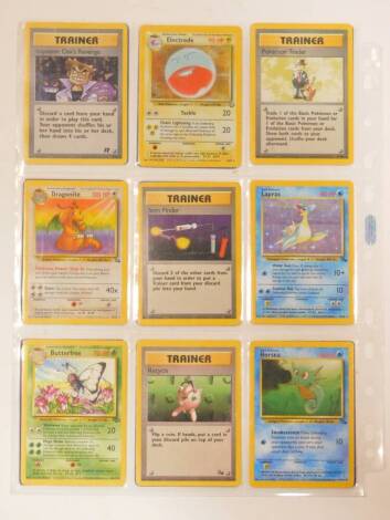 Pokemon cards, comprising Trainer Imposter Oak's Revenge., Electrode., Trainer Pokemon Trader., Dragonite., Trainer Item Finder., Lpras.,Butterfree., Trainer Recycle., Horsea., Dodrio., Dark Weezing., Weezing., Lapras., Aerodactyl., Trainer Goopgastack., 