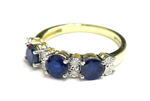 A 9ct gold sapphire and diamond dress ring, the round brilliant cut sapphires totalling approx 1.87cts, the diamonds 0.05cts, ring size O, 2.7g all in.