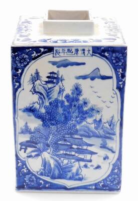 A Chinese porcelain blue and white porcelain tea canister, of rectangular form, decorated with shaped panels of figures, buildings, trees and mountains, with floral spandrels, six character Kangxi mark to one side, probably 20thC, 28cm high. - 2