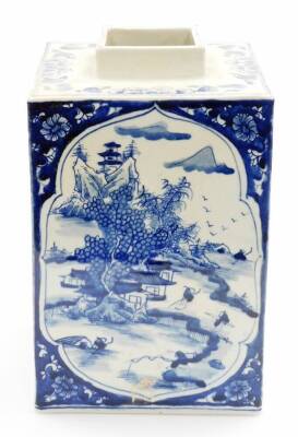 A Chinese porcelain blue and white porcelain tea canister, of rectangular form, decorated with shaped panels of figures, buildings, trees and mountains, with floral spandrels, six character Kangxi mark to one side, probably 20thC, 28cm high. - 4